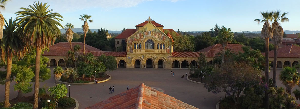overview of the quad featuring Stanford Memorial Church