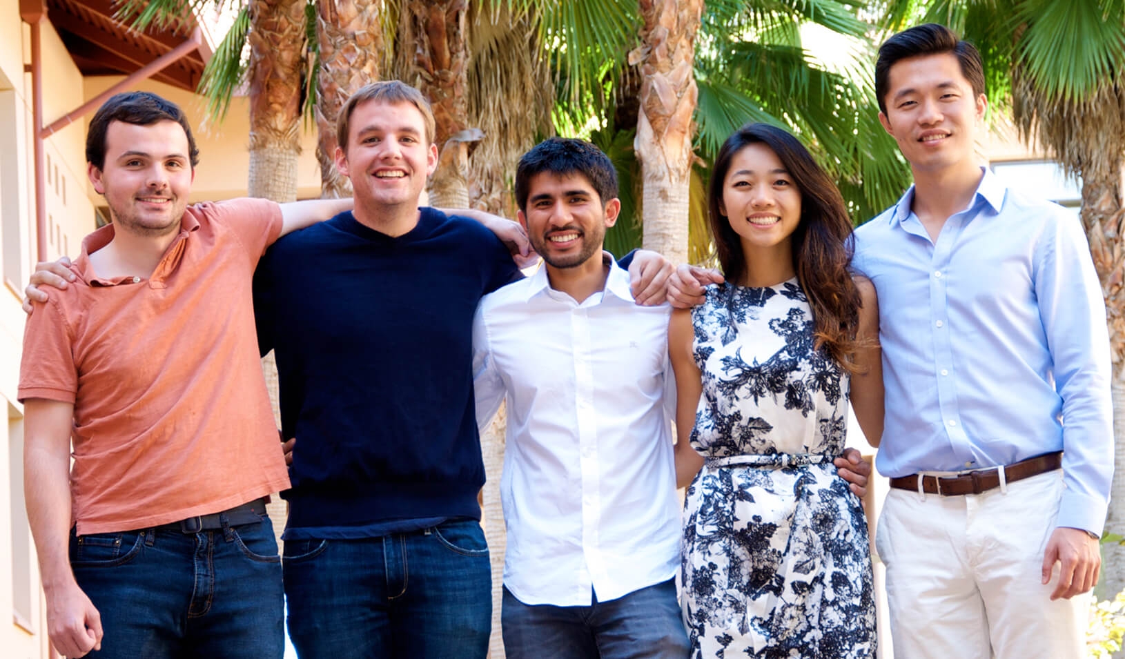 Five students from the  Stanford Graduate School of Business have been named Siebel Scholars. From left: Michael Mester, Dorian Bertsch, Ibrahim Alsuwaidi, Sarah Wang and Michael Ding. (Photo credit: Chuck Goodman)
