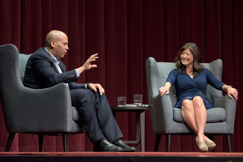Stanford alumnus and U.S. Senator Cory Booker '91 with ABC’s Nightline anchor and alumna Juju Chang '87 in an OpenXChange conversation at Dinkelspiel Auditorium. 
"United: Saturday with Senator Cory Booker" is sponsored by OpenXChange in partnership with the Stanford Alumni Association, the Haas Center for Public Service, Stanford in Government (SIG), and the Associated Students of Stanford University (ASSU).