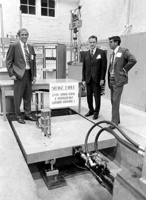 Prof. James Gere, Dr. Blume, and Prof. Haresh Shah in the Shake Table lab, Opening of the Blume Center 1974