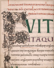 Interlace initial with beast heads