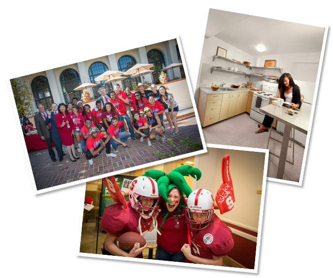 Students and directors in building during nso. Student wearing Stanford football helmets the axe palm shirts right student studying her apartment kitchen.