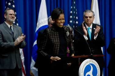 First Lady Michelle Obama speaking at the Department of Transportation