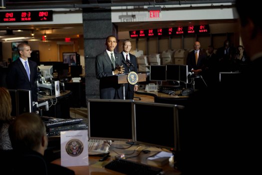 President Barack Obama speaks to the staff during his visit to the National Counterterrorism Center