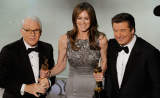 Director Kathryn Bigelow, winner of Best Director award for The Hurt Locker, with co-hosts Steve Martin and Alec Baldwin, onstage during the 82nd Annual Academy Awards.