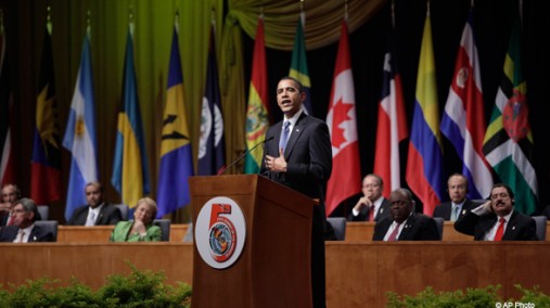 President Obama speaks at 5th Summit of the Americas, Port-of-Spain, Apr. 17, 2009. [AP Photo]