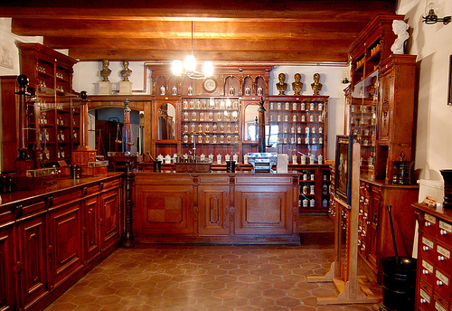 Old-fashioned pharmacy, all wood and glass