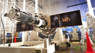 The fully integrated spacecraft and science instrument for NASA&#39;s Interface Region Imaging Spectrograph (IRIS) mission is seen in a clean room at the Lockheed Martin Space Systems Sunnyvale, California facility in this undated NASA handout photo.