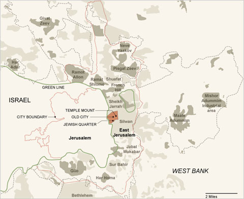 A map showing Israeli settlements in parts of Jerusalem beyond the “Green Line,” those areas captured in fighting in 1967. The dotted red line indicates the boundary of the city.