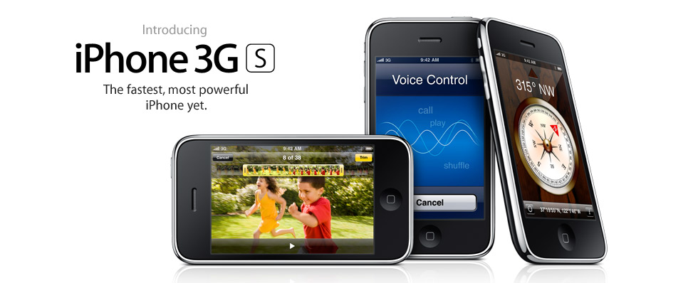 Images of the iPhone 3GS video recording interface, the Voice Control screen, and the built-in digital compass.