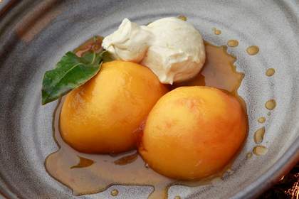 Matt Wilkinson's poached/baked peaches with marscapone mousse.