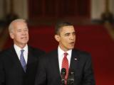  , President Barack Obama, with Vice President Joseph Biden at his side, makes a statement to the nation following the final vote in the House of Representatives for comprehensive health care legislation. 