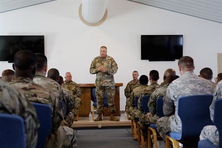 Maj. Gen. Roy Van McCarty, the Assistant Adjutant General of South Carolina, addresses Troopers during a town hall hosted at Troopers Chapel on Joint Task Force Guantanamo July 18. Van McCarty and accompanying party spent their time in GTMO talking to Troopers and getting a full understanding of their part in the JTF GTMO mission. 