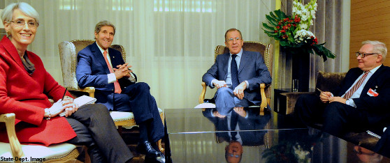 U.S. Secretary of State John Kerry and his Russian counterpart, Foreign Minister Sergey Lavrov, sit with their top deputies -- Under Secretary for Political Affairs Wendy Sherman and Deputy Foreign Minister Sergey Ryabkov -- during a break in meetings in Geneva, Switzerland, on November 9, 2013, that focused on Iran's nuclear capabilities. [State Department photo/ Public Domain]