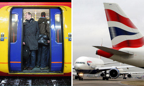 British Airways planes and commuters on train
