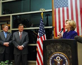 Date: 11/18/2009 Description: Secretary Clinton with and U.S. Ambassador Karl Eikenberry and Special Representative to Afghanistan and Pakistan: Richard C. Holbrooke at  Meet and Greet at Embassy Kabul with Employees and Their Families. © State Dept Image by Daniel Wilkinson