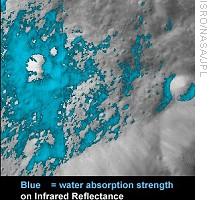 An image from India's Chandrayaan-1 spacecraft shows the distribution of water-rich minerals around a small crater on the surface of the Moon, 24 Sep 2009