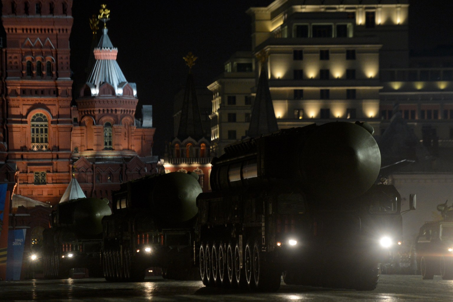 Mobile intercontinental ballistic missile launchers during a rehearsal of the Victory Day Parade in Moscow on May 5, 2014. (Kirill Kudryavtsev/AFP/Getty Images)