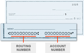 Imagen explicando número de ruta (routing number) y número de cuenta (account number) en un cheque