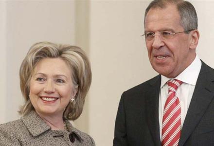 U.S. Secretary of State Hillary Clinton (left) shakes hands with Russia's Foreign Minister Sergei Lavrov as they meet in Moscow Mar. 18, 2010. Clinton visited Russia on Thursday to clear obstacles to a new treaty cutting arsenals of nuclear weapons and to seek Moscow's backing for tougher sanctions against Iran.