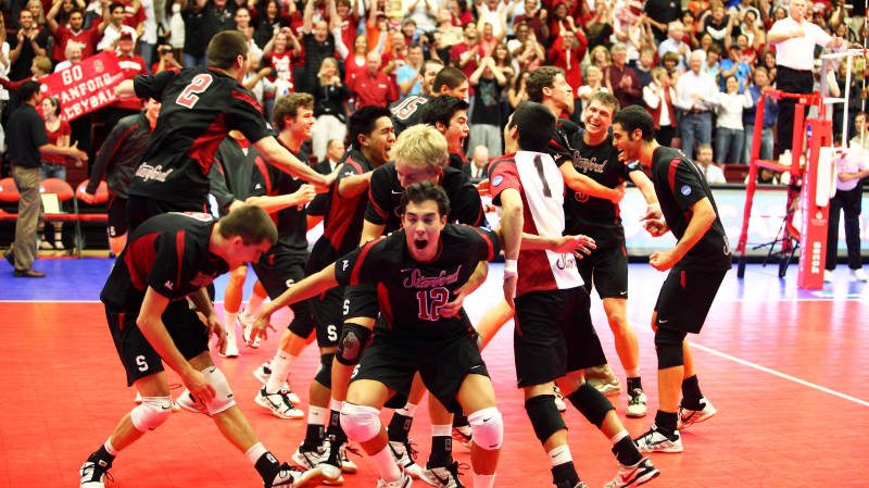 Stanford celebrates its 2010 NCAA men's volleyball title. Photo by Mike Rasay.