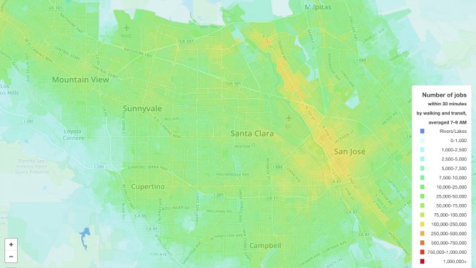 Map of transit hot spots in Silicon Valley