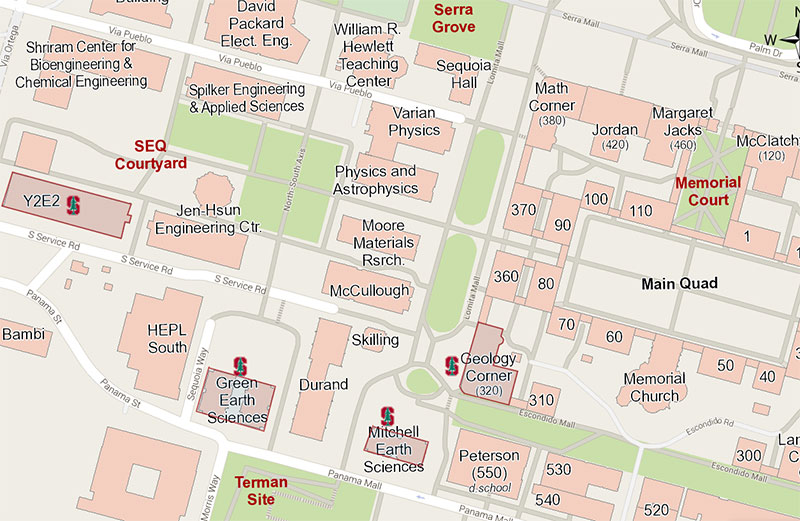Campus map of Stanford Earth buildings