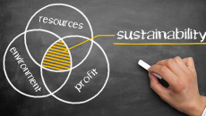 Hand drawing venn diagram on chalkboard, with resources, environment and profit's intersection being sustainability.