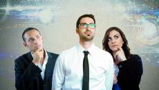 Two male and one female professionals in business attire pondering, with techy images swirling above their heads.