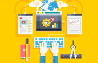 Vector image concept of online education: hand on computer keyboard, notepad, compass, yellow background