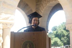 Washington Post Associate Editor Anne Kornblut speaks at Stanford's Department of Communication commencement ceremony on June 14, 2015. (Photo by Geri Migielicz/Stanford Journalism Program)