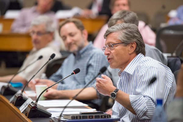 John Etchemendy seated at Faculty Senate