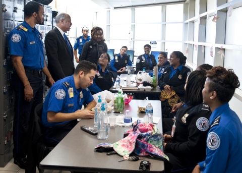 Secretary Jeh Johnson Visits TSA Officers at Reagan National Airport