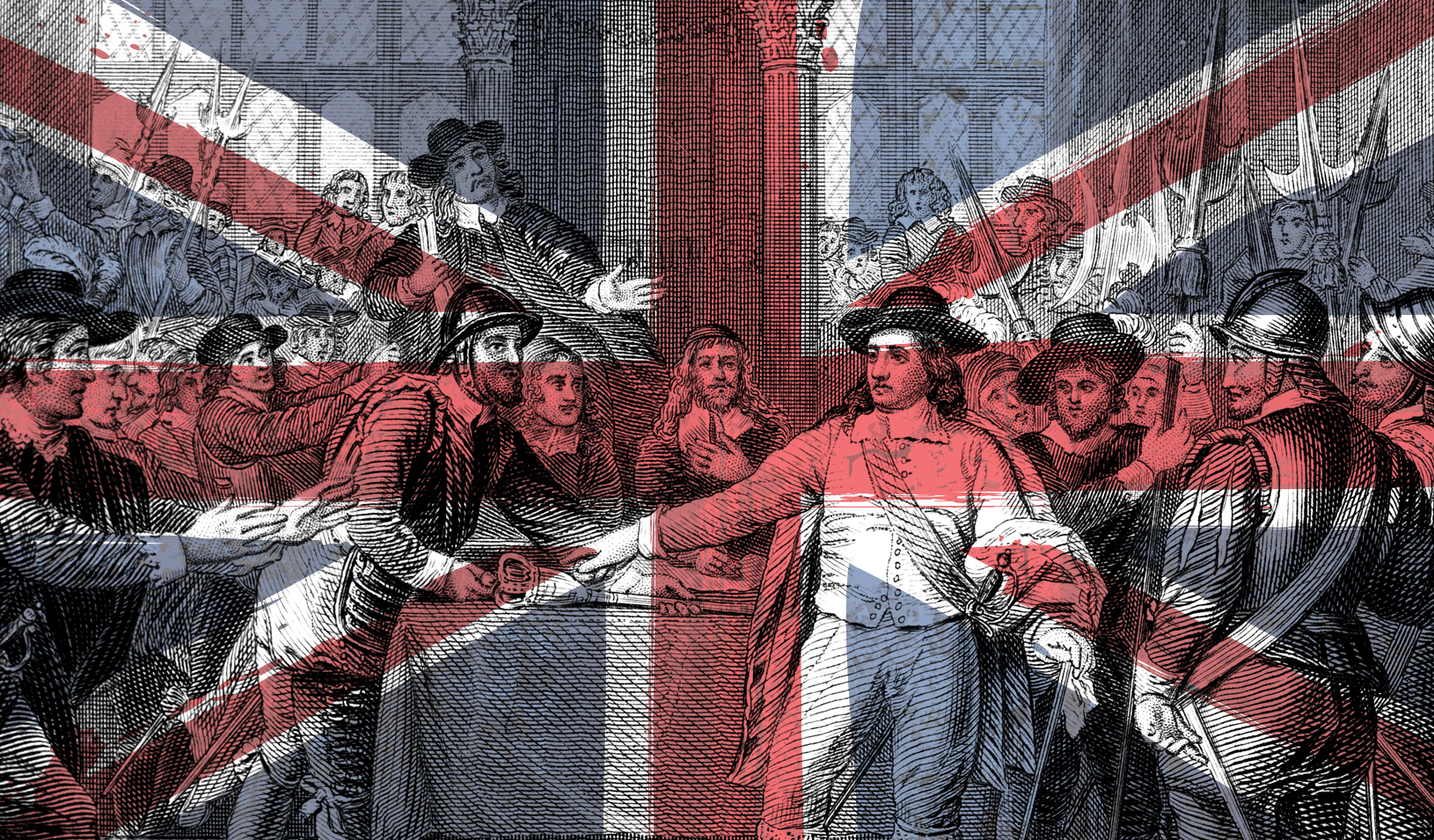 An illustration of the Union Jack overlayed with British revolutionaries taking the scepter from King Charles I