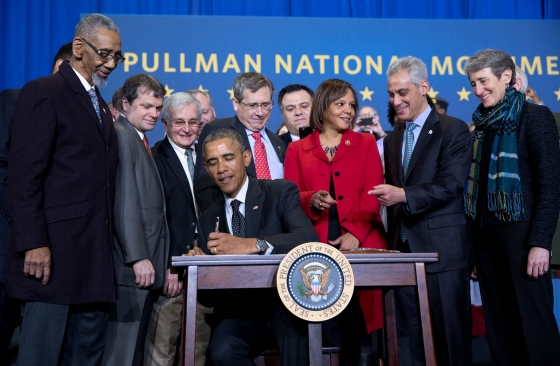 President Barack Obama signs a proclamation regarding the establishment of the Pullman National Monument