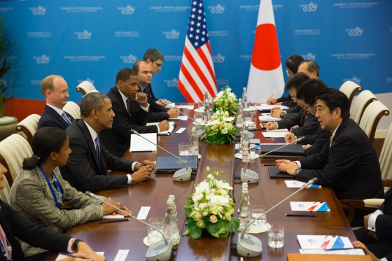 President Barack Obama, left, and Japan's Prime Minister Shinzo Abe, right, during their bilateral meeting at the G20 Summit