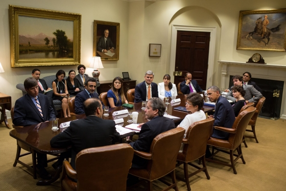 President Barack Obama meets with business owners and entrepreneurs to discuss immigration reform