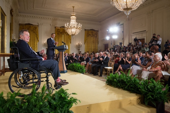 President Barack Obama, with former President George H. W. Bush, delivers remarks before they present the 5,000th Daily Point of Light Award