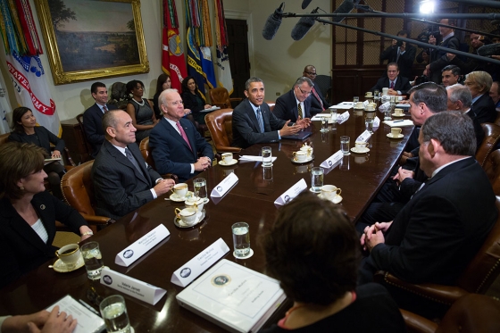 President Barack Obama, with Vice President Joe Biden, talk with the media a the start of a meeting with business leaders to discuss immigration reform to bolster U.S. economic growth