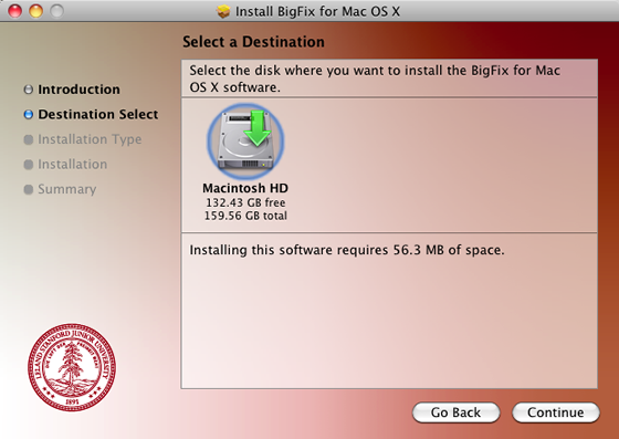 select your hard drive as the destination for installing BigFix