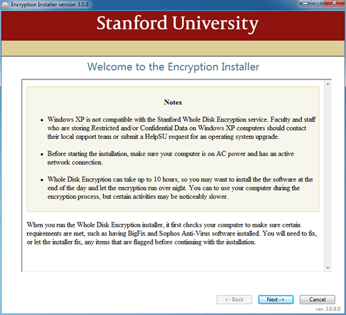 Encryption Installer welcome screen