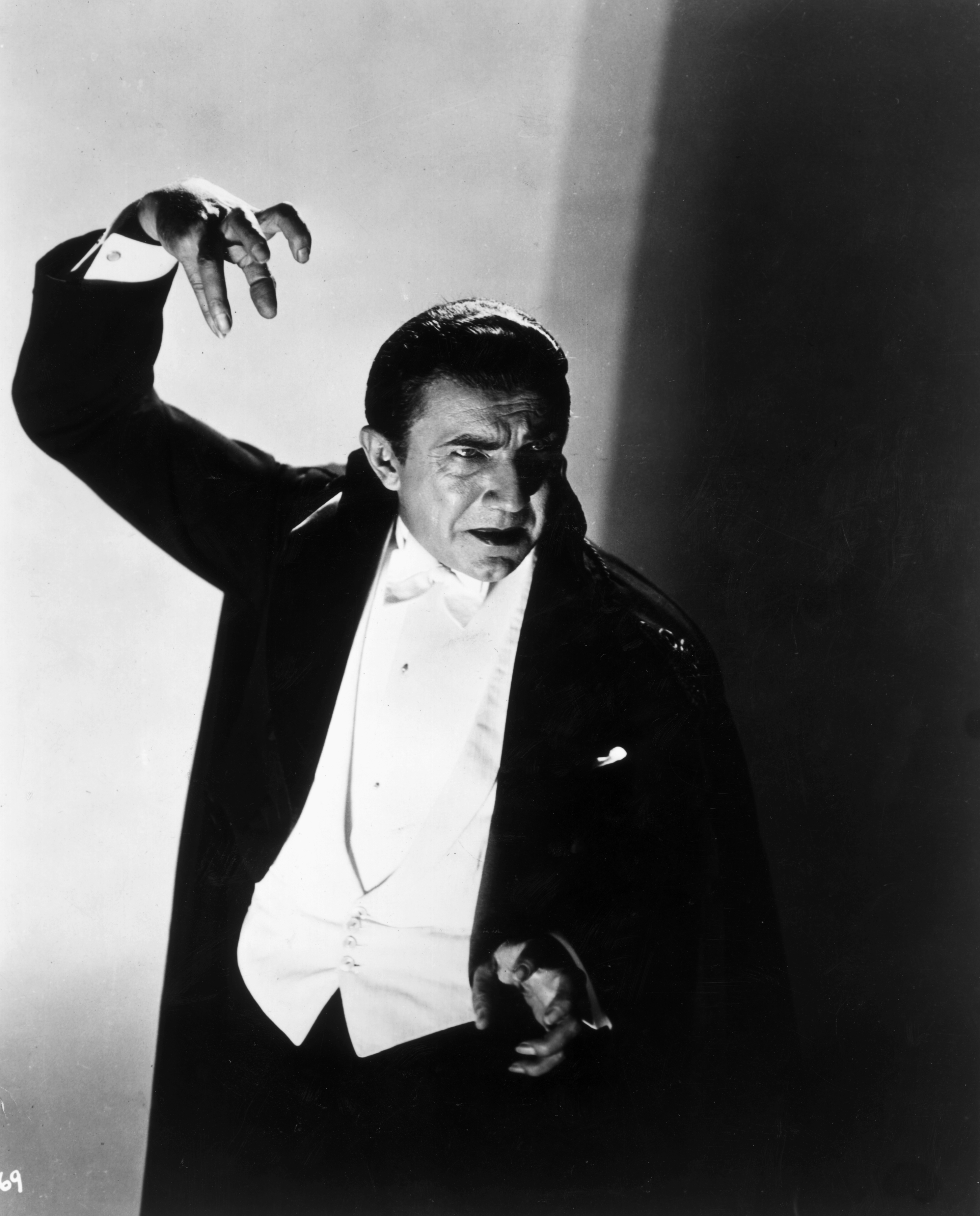 A historic black and white photo of actor Bela Lugosi.