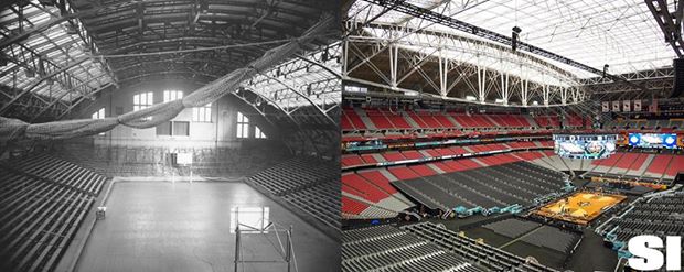 'The 🏀 championship game gyms in 1939 and 2017. http://on.si.com/2nPPxLi

(📷: @NU_Sports/@marchmadness)'