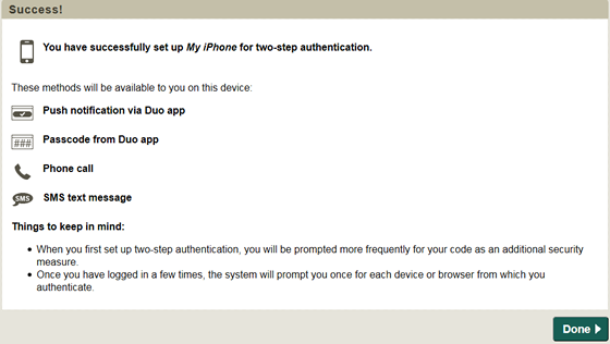 confirmation that you have successfully set up you smartphone for two-step authentication