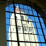 Hoover Tower, as seen from the Lane Reading Room in Green Library