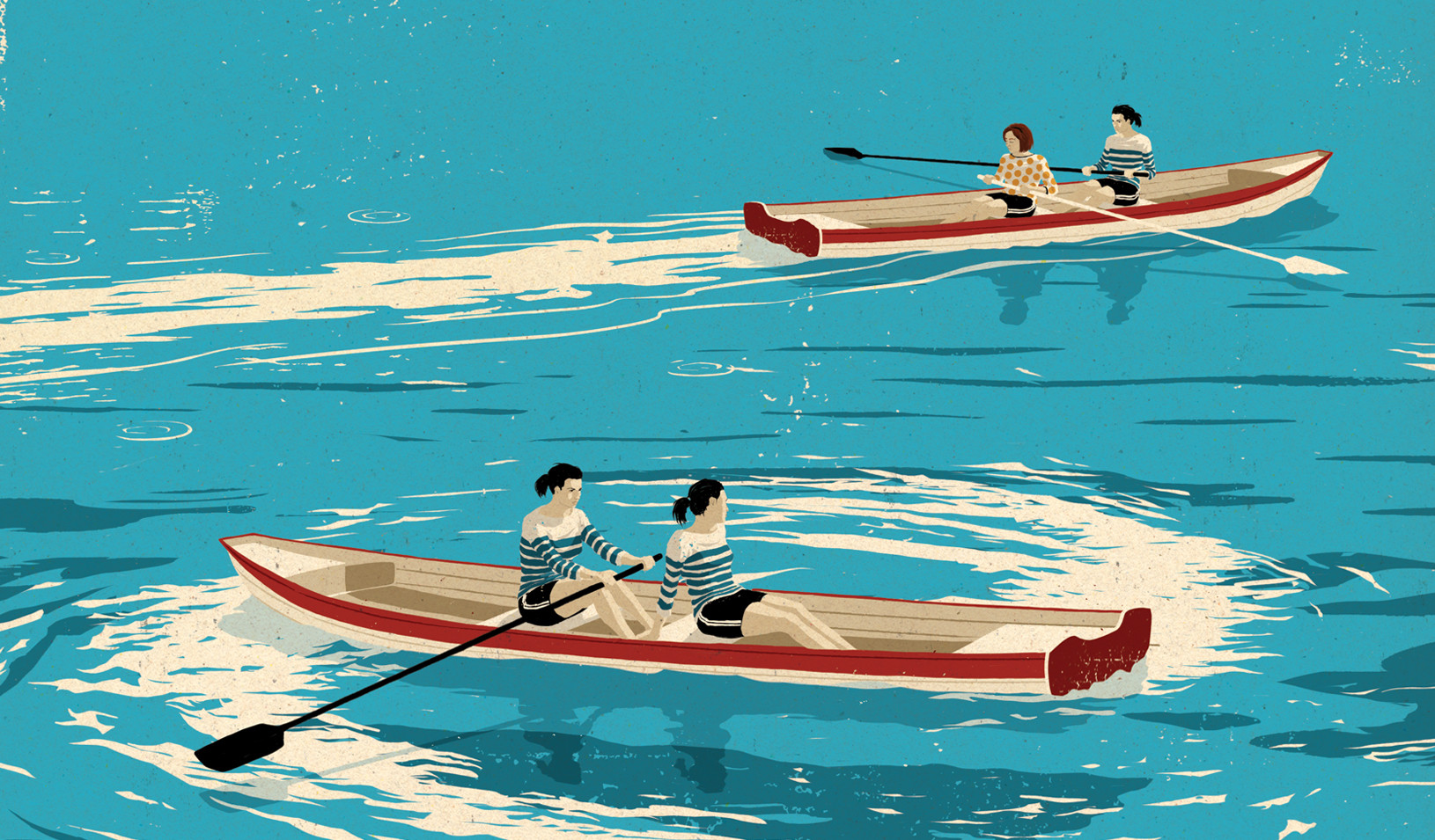 Four individuals in two rowboats, one moving forward and one going in circles, Illustration by Mark Smith