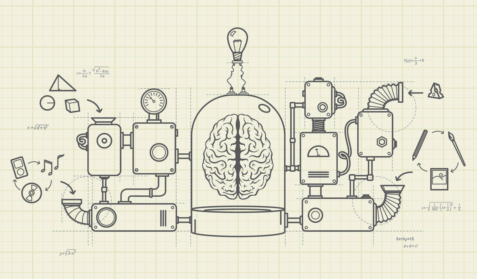 A complex machine of "ideas" is attached to a brain | iStock/mustafahacalaki