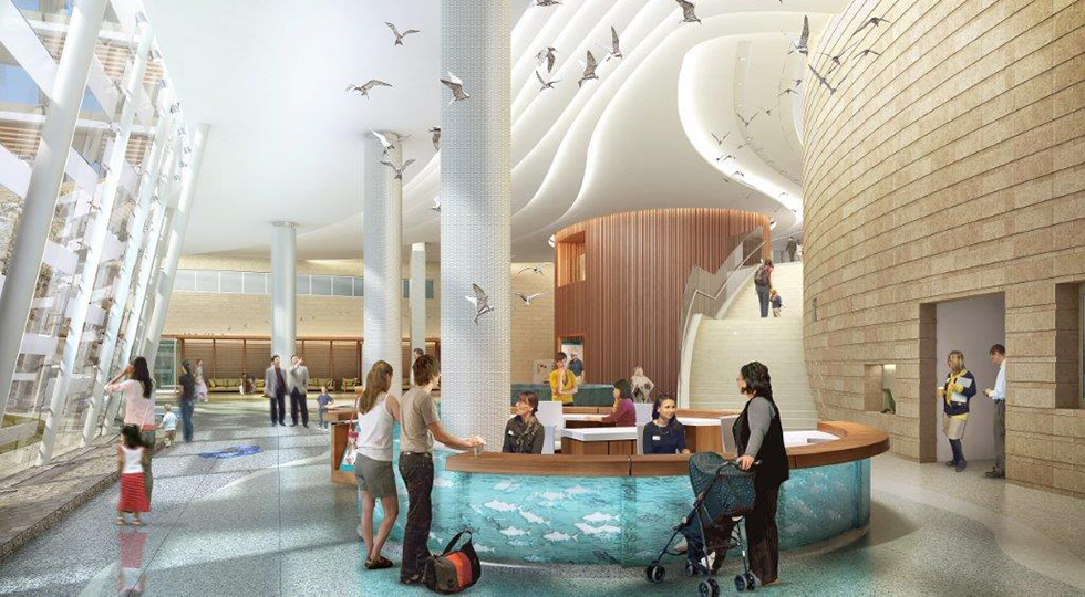 A rendering of the future Lucile Packard Children's Hospital Stanford lobby