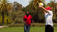 A female and two male youth playing volleyball on Stanford lawn bordered by palm trees.