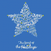 Vector image of white word cloud in star shape on blue, labelled "The spirit of the holidays"